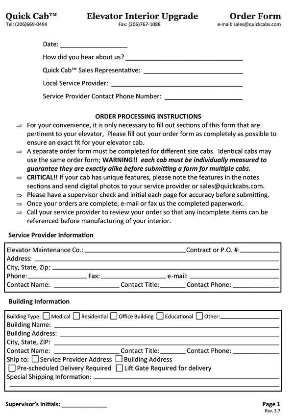 Quick Cab order form